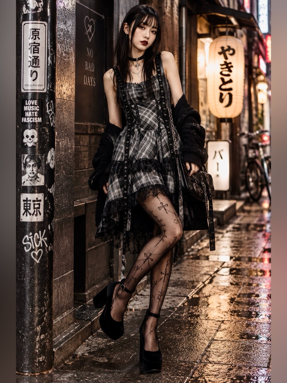 Goth Plaid Lace Corset Mini Dress Grommet Strap Punk Y2K Grunge